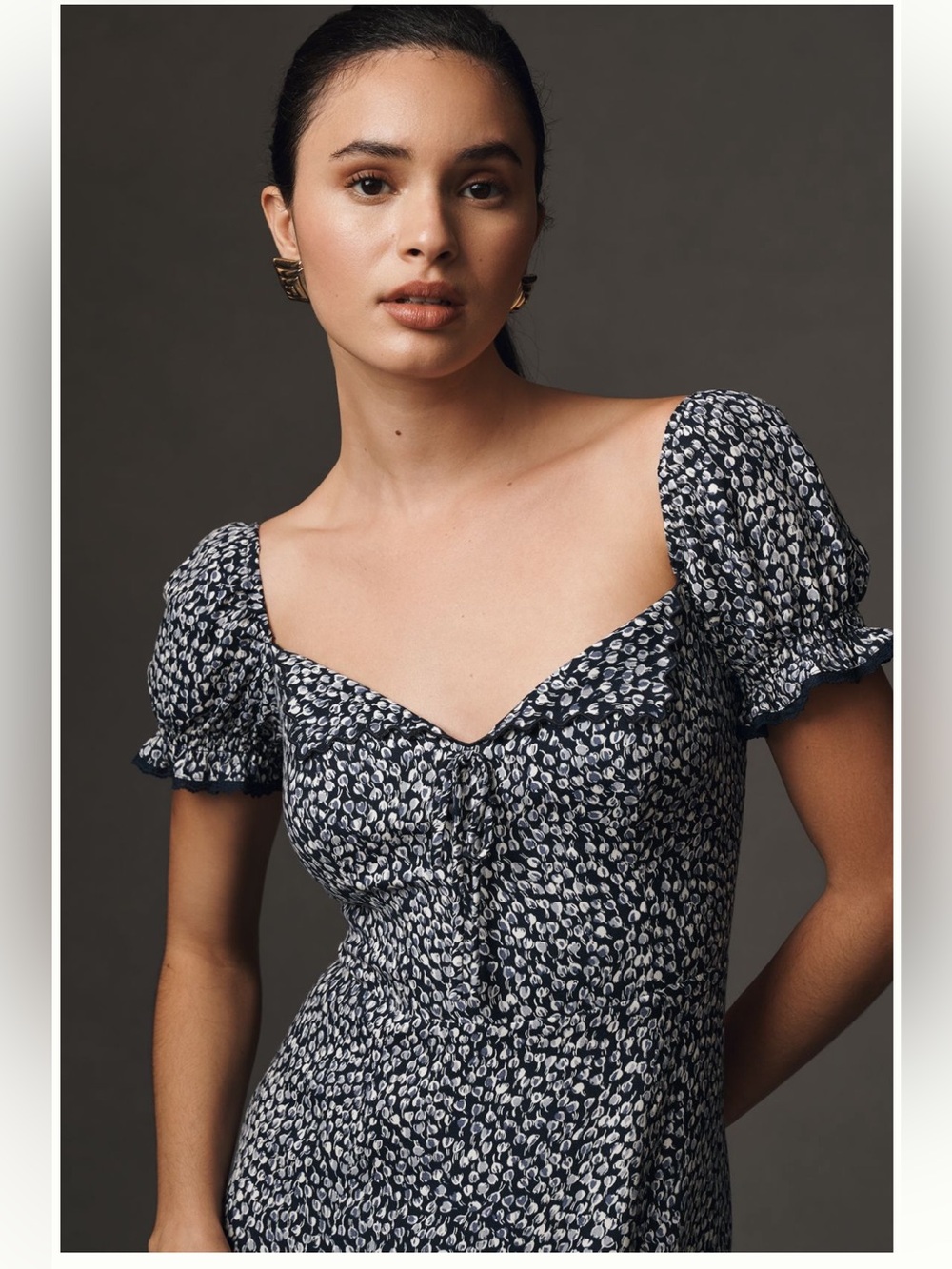 Reformation Navy and White Printed Sweetheart Midi Dress - Picture 4 of 4